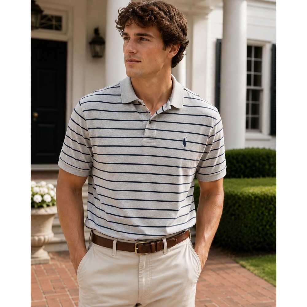 Polo Ralph Lauren Mens Striped Cotton Polo Classic Fit XL Gray Navy Casual